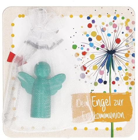 Engel-Figur zur Erstkommunion.: Moderner Handschmeichler und Glücksbringer aus Feinmetall in türkis-matt zum Aufstellen, auf Backcard im Organzabeutel. Ideal als christliches Geschenk