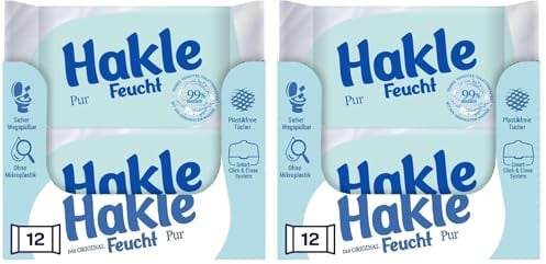 Hakle Feucht Pur im 12er-Pack, 504 Tücher (12 x 42 Blatt), pflegendes feuchtes Toilettenpapier, feuchte Tücher mit 99% Wasser, schnell wasserlösliche Feuchttücher (Packung mit 2)
