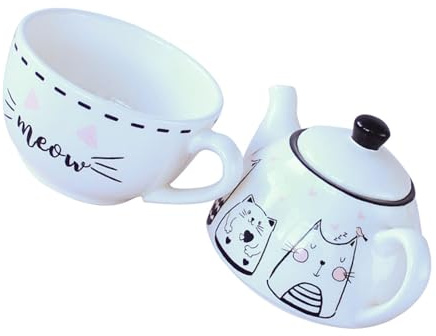 JEWEDECO Ensemble Théière et Tasse à Motif Chat Élégant en Céramique Blanche Kit Créatif Unique pour Décoration de Maison et Bureau pour Amateurs de Thé