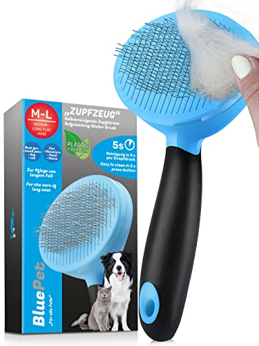 BluePet Hundebürste & Katzenbürste für Langhaar - Entfernt schonend Unterwolle, Verfilzungen & Knoten - Zupfbürste mit Selbstreinigung - Für die tägliche Anwendung (1.0 Blau)