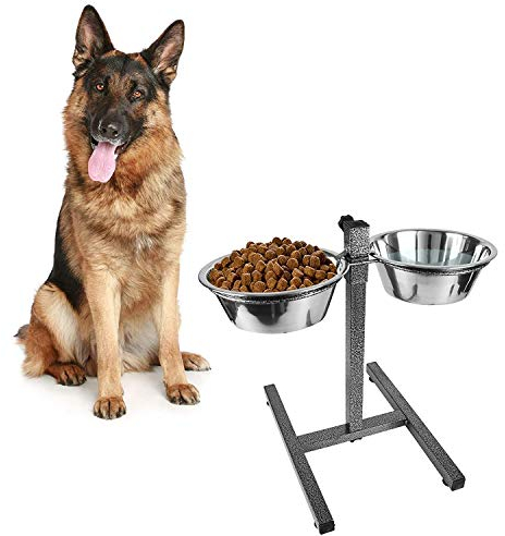 Dog Elevated Food Bowl Holder Set Raised Cat Feeding Station Stand Adjustable Height Pet Double Feeder - 2 Stainless Steel Water Bowls