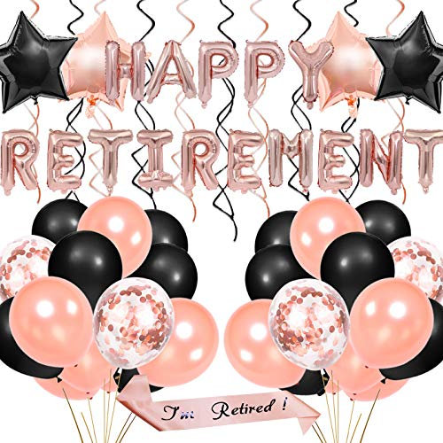 JOYMEMO Retirement Party Dekorationen für Frauen - Retirement Supplies Rose Gold, Happy Retirement Ballon Banner, Retied Schärpe, Folie hängenden Strudel, Konfetti-Ballons