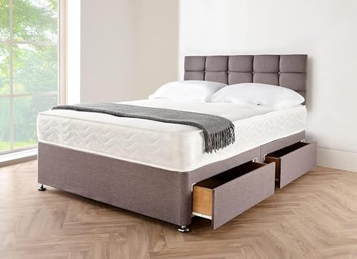 Grey Linen Look Divan Super King Size Bed Frame with 20” Cubic Headboard | Super King Size Bed with Mattress Included Spring Memory Foam & 2 Storage Drawers | Room Decore Bedroom Furniture Set