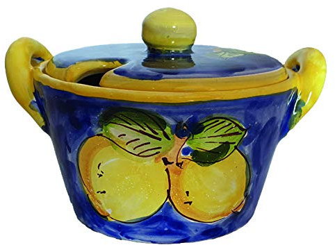 FORMAGGIERA ZUCCHERIERA CON COPERCHIO BLU E LIMONI, IN CERAMICA DI VIETRI DIPINTA A MANO, DIAMETRO CM. 13, ALTEZZA CM. 9 ARREDO TAVOLA CUCINA IDEA REGALO NATALE