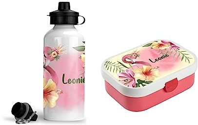 wolga-kreativ Set personalisierte Mepal Campus Kinder Brotbüchse und Kinderflasche für Mädchen Flamingo Krone Lunchbox mit Fächern und Unterteilung für Schule und Kindergarten