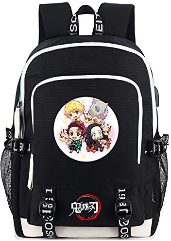 Roffatide Anime Demon Slayer Mochila Estampada Hombres Mochila Escolar Mochila para Portátil con Puerto de Carga USB y Puerto Auriculares Negro