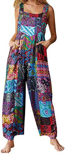 Achlibe Summer Casual Womens Sleeveless Boho Floral Baggy Overall Long Jumpsuit Playsuit Trousers Pants Dungarees Rompers Blue