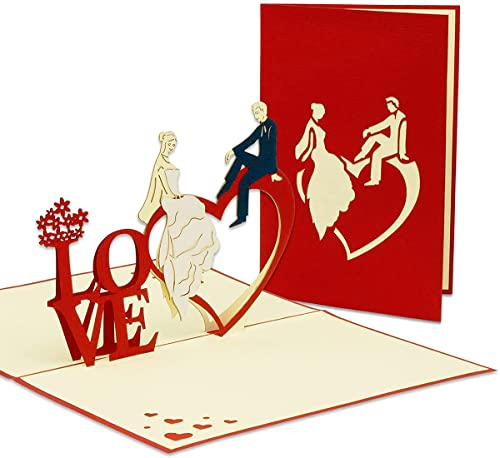 LINPOPUP®, LIN17381, POP UP Karte - 3D Grußkarte zur Hochzeit Verlobung - 3D Klapp-Karte mit Hochzeits-Paar im Love-Herz - Hochzeits-Glückwunsch - Hochzeits-Einladung, N254