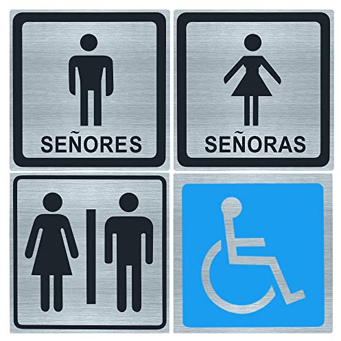 ecalidad 4 x SEÑAL CARTEL ASEO WC BAÑO DISCAPACITADOS SILLA DE RUEDAS - 4 CARTELES - SEÑOR - SEÑORA - MIXTO - DISCAPACITADOS