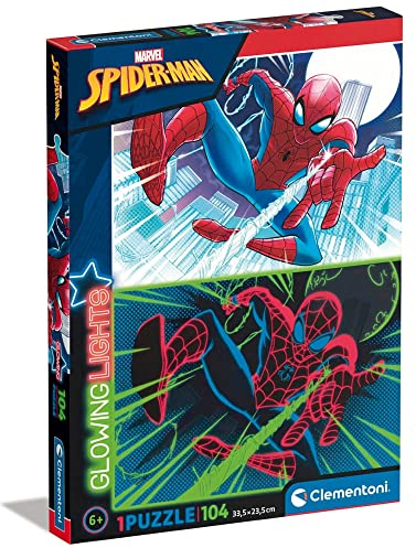 Clementoni - 27555 - Glowing Lights Collection - Marvel Spiderman Age 6+, puzzle glow in the dark - 104 Pieces - jigsaw puzzles for kids age 6 - Made in Italy, cartoon puzzles