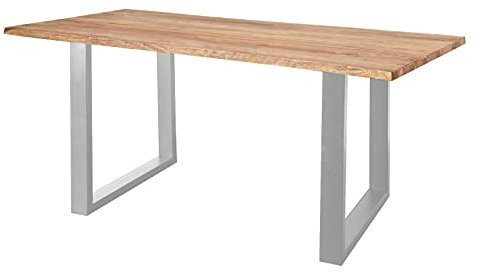 SAM Baumkantentisch 220x100cm Marek, Sheesham-Holz naturbelassen, Esstisch mit echter Baumkante, massiver Esszimmertisch mit U-Gestell Silber, Tischplatte 26mm