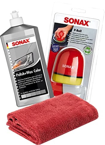 detailmate SONAX Handpolierbündel: SONAX Polish+Wax Silber/Grau 500ml Politur + P-Ball Ergonomischer Polierball Edgeless Mikrofaser Poliertuch 550GSM