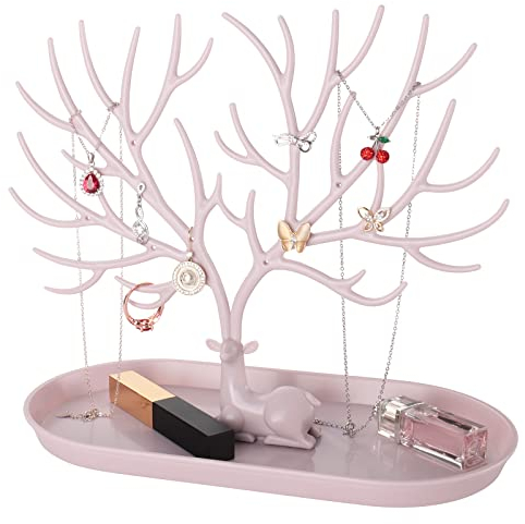 penobon Soportes para Joyas, 2 en 1 Soporte para Pendientes & Bandeja para Joyas de Plástico, Soporte de Exhibición de Pendientes, Collar, Pulseras y Anillos(Rosa)