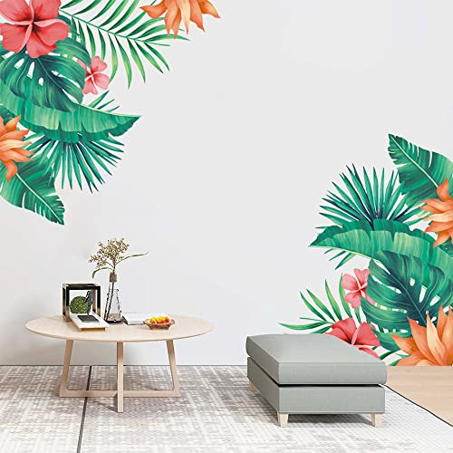 BuerHomie Stickers Muraux Salon, Plantes Vertes Tropicales Fleurs Rouges Oranges Autocollant, Décoration pour Chambre Adulte, Chambre fille, Cuisine
