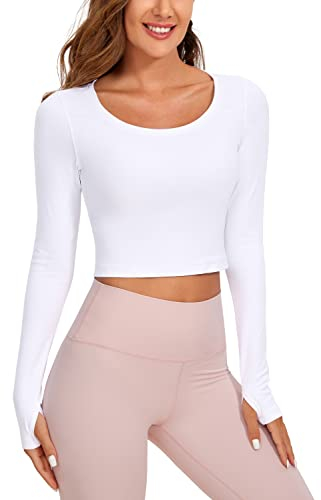 CRZ YOGA Damen Butterluxe Sport Langarmshirt Slim Fit Longsleeve Yoga Crop Top Cropped Fitness Sweatshirt mit Daumenloch Weiss 44
