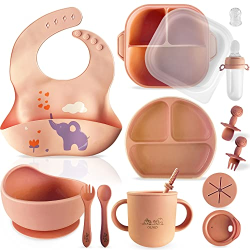 OLNID® SUPER PACK De 16 PIEZAS Vajilla Bebe PREMIUM | Vajilla Bebe Silicona Con Tapa y Ventosa ULTRA-ADHERENTE | Libre BPA | Platos Bebe Ventosa | Cubiertos Bebe | Accesorios Bebe | Color(Rosa)
