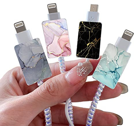 4 Piezas Accesorios de Protección de Teléfono Protectores, Cargador Lindo Ahorrador de Cable, Compatible con iPhone - Mármol