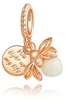 BEEUVIP Rosa Oro luccicante lucciole Charm per bracciali, ciondoli in argento 925, perline per collane, per la festa della mamma, compleanno, regalo di Natale