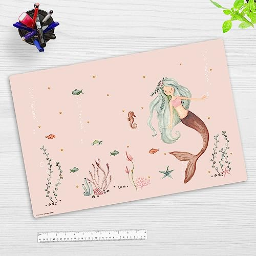 Schreibtischunterlage für Kinder - abwaschbar - Meerjungfrau im rosa Meer - aus premium Vinyl - 60 x 40 cm - Made in Germany