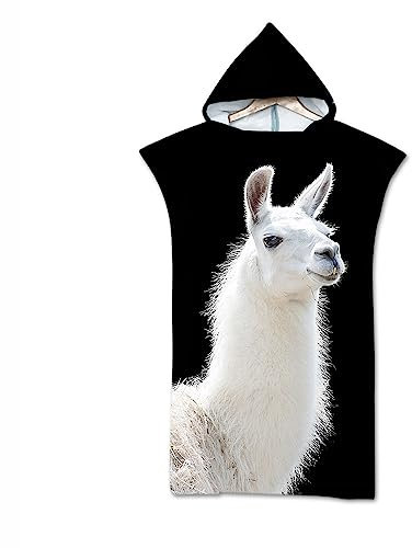 Lukery Badeponcho mit Kapuzen, Kinder Erwachsene Weich Mikrofaser Alpaka Bedruckt Strandtuch Bademantel Handtuch Badehandtuch für Schwimmen Strand Surfen (80x145cm,weißes Alpaka)