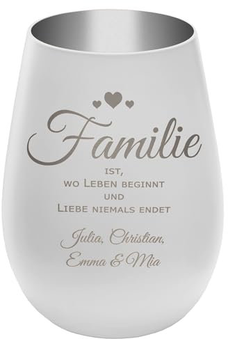 Windlicht mit Gravur Familie - personalisierbar mit Namen - Außen Weiß/Innen Silber - Höhe 12 cm - Teelichthalter Kerzenhalter Vornamen Familienmitglieder