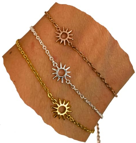 NataschaWoge® Sonne minimalistich Armband zierliches Gold Rosegold Silber kleines Sun Hollow Boho Geschenk für Sie spiritueller Schmuck (Gold)