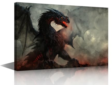 TISHIRON Schwarzer geflügelter Drache, Wandkunst, Gemälde, Fantasie, Drache, Schlafzimmer, Wohnzimmer, Wanddekoration, Shenron, gerahmt, moderne Bilder, Leinwanddrucke, Kunstwerk für Wanddekoration,