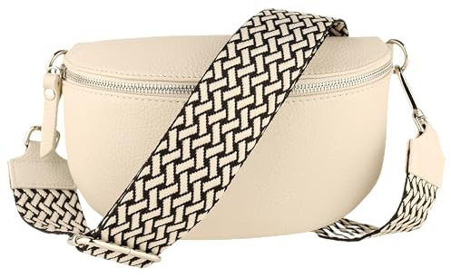 MIRROSI® Bauchtasche Damen, Echtleder, Made in Italy, Umhängetasche, Brusttasche, Crossbody Bag (1 Tasche & 2 Gurte) (Beige (FLECHT Beige), Große Tasche (28x18x9cm))