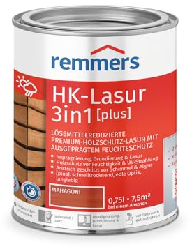 Remmers HK-Lasur Lasure 3 en 1 [plus] acajou, mat, 0,75 l, lasure pour bois, lasure pour bois, haut de gamme, protection du bois avec imprégnation, apprêt et lasure