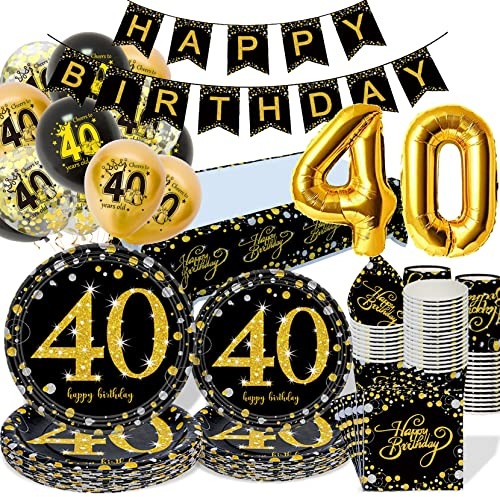 40th Birthday Decorations Party Tableware Set, Black Gold 40th Birthday Paper Party Plates Cups Napkins Tablecloth Balloons for Women Men 40th Birthday Party Decorations Table Supplies, 16 Guests
