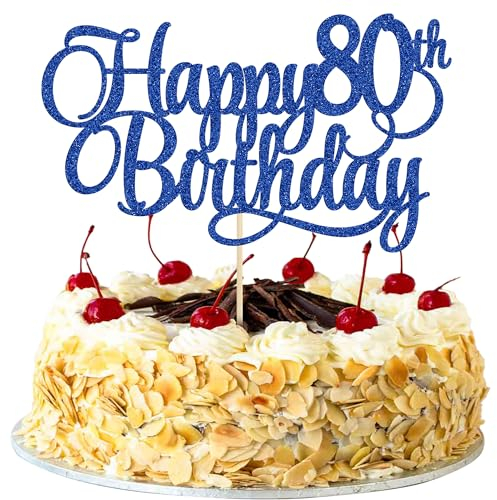 1 Pack Happy 80th Birthday Cake Topper Blue Glitter Number 80 Eighty Years Old Birthday Cake Pick Decoration For 80th Birthday Celebrating Anniversary Party Supplies