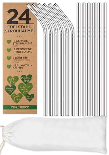 24 Strohhalme SILBER aus Edelstahl/Metall + 2 Reinigungsbürsten + 1 Geschenk-Beutel - Eco Trinkhalm Set Umweltfreundlich Wiederverwendbar Nachhaltig & Plastikfrei