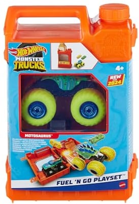 Hot Wheels Monster Trucks 1:64 Scale Toy Truck Playset Age 4+, Fuel N’ Go Gas Can Transforms Into Stunting Arena, With Motosaurus & 2 Crushed Cars, HXT04