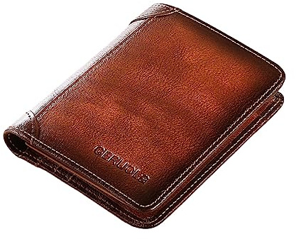 Ailan Mode en cuir véritable hommes portefeuille porte-carte à trois volets mâle poche rétro à deux volets court multi-fonction sac à main portefeuilles, Brun, Triple pliage