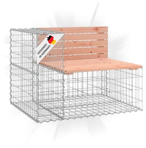 DELUKE Gartenbank Gabionen INO aus Stahl | 92x71x65,5cm Massivholz Douglasie | Gabionenbank Gartenbank mit Sitzfläche aus Gabionen Steinkorb Gabionengitter Ziergabione Drahtkorb befüllbar