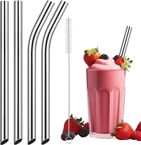 NiHome 4-Pack Stainless Steel Smoothie/Milkshake Straws, 0.5'' Extra Wide Reusable Metal Straw, Extra Long Straight & Bent Drinking Straws for Boba, Thick Beverages, Cold Drinks, 1 Brush (Silver)
