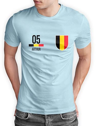 Belgien T-Shirt „EM 2024“ Belgique Trikot Fußball Shirt Herren Damen Unisex Europameisterschaft - personalisiert mit Zahl & Namen - Fanartikel Fan-Outfit, Hellblau, Gr. 4XL