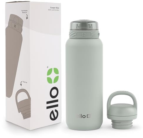 Ello Cooper 32 oz Stainless Steel Water Bottle with 2 Chug Lids and Straw - Leak-Proof Double Wall & Vacuum Insulated - Built in Carry Loop - Dishwasher Safe