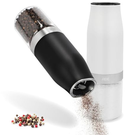 ADE Salz und Pfeffermühle elektrisch mit Kippsensor 2er-Set | Gewürzmühle mit Keramikmahlwerk | stufenlos einstellbar | Salz, Pfeffer, Chili, getrocknete Kräuter | Kräutermühle | mit LED-Beleuchtung