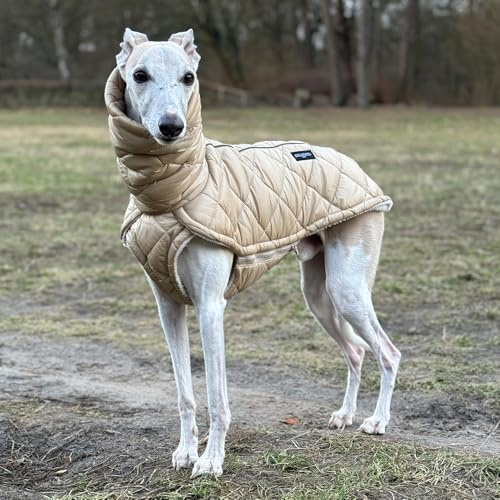EDEL&SCHNELL Stepp-Wintermantel beige gefüttert mit Kunstpelz, Winterjacke Hund mit Reißverschluss, Hundemantel für große Hunde Rückenlänge 60-65 cm
