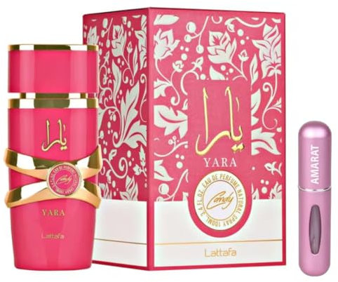 Yara Candy Original Eau de Parfum, 100 ml, arabisches Parfüm für Damen, lange Haltbarkeit, Eau de Parfum aus Dubai, inkl. Zerstäuber 5 ml, Amarat, süßer Duft mit Noten von Früchten und Vanille (Yara