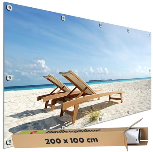TRIOSK Sichtschutz Balkon Deko Plane Balkonblende Blickdicht mit Motiv Meer Strand Liegestuhl für Garten Terrasse Gartenzaun Balkonverkleidung Blickschutz PVC groß 200x100 cm