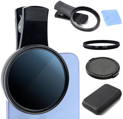 Filtre polarisant CPL 67 mm pour téléphone portable - Compatible avec iPhone 16 Pro Max 15 14 13 - Filtre polarisant circulaire HD à clipser pour smartphones - Avec sac de transport et chiffon de