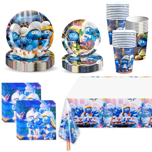 Blue Geschirr 51 Stück Smurfs Partygeschirr Set, Schlümpfe Geburtstagsdeko Teller Tischdecke Becher Servietten Kindergeburtstag, Schlümpfe Party Dekoration für 10 Gäste