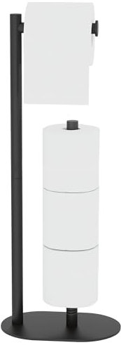Toilet Paper Holder Stand - Free Standing Bathroom Toilet Paper Holder with Black Finish Tissue and Roll Storage Organizer