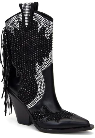 Feinlina Stivali da donna con punta a punta, tacco a blocco, gambo medio lungo ampio sul polpaccio, decorati con strass, con nappa, Nero , 42 EU