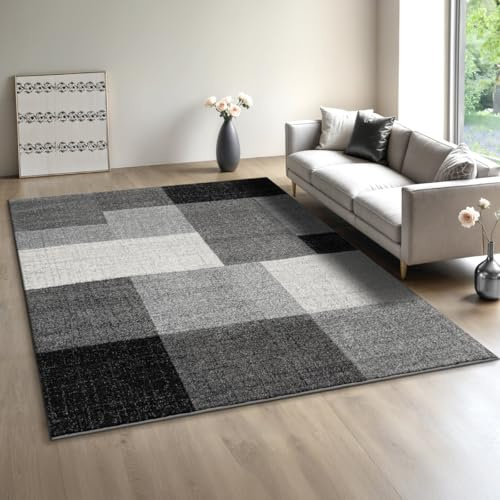 Mia´s Teppiche Modena - Moderner Kurzflor Teppich, Wohnzimmer & Schlafzimmer, weich & pflegeleicht, geometrische Muster, Kariert, Grau, 140 x 200 cm