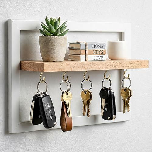 Schlüsselbrett mit Ablage – Wandorganizer mit 5 Haken & Ablage aus Buchenholz – Modernes Design mit weißem Rahmen – Schlüsselhalter für Flur, Küche oder Büro