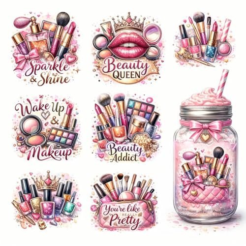 UV DTF Rub on Transfer Stickers - UV DTF Cup Wraps, Colorful UVDTF Wraps, Waterproof Rub on Decals for Glass Cups Mug Tumbler, DIY Transfer Crafts (Makeup Theme)