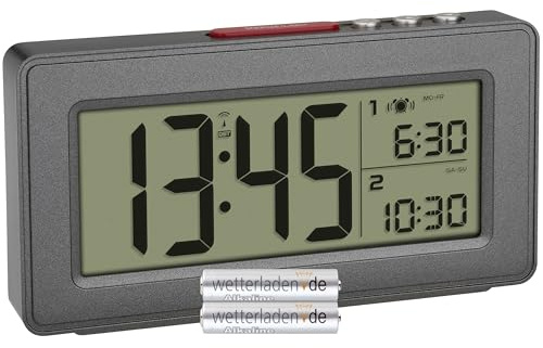 TFA Dostmann Digitaler Funk-Wecker mit 2 Weckzeiten, 60.2563, mit Wochenend Modus, Anzeige von Datum und Wochentag, Hintergrundbeleuchtung, Zeitzonen, Schlummerfunktion (Anthrazit mit Batterien)